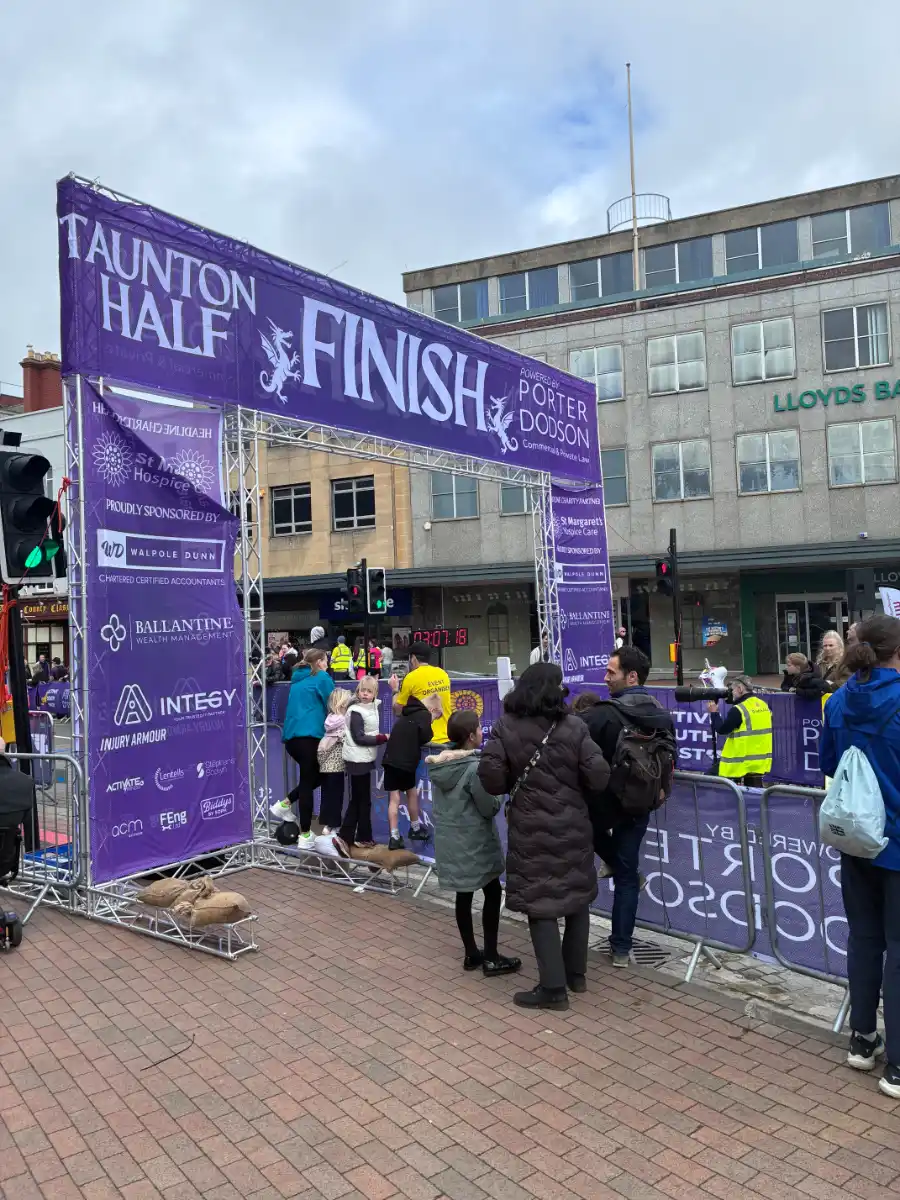 Half marathon finish line with INTEGY sponsorship